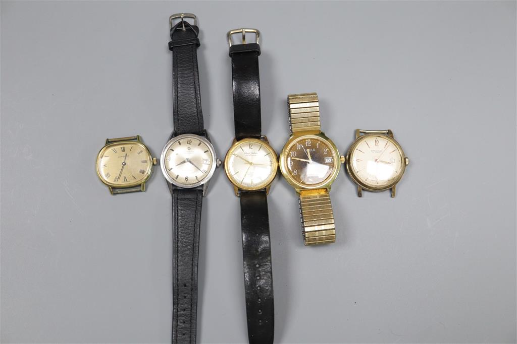 Five assorted gentlemans wrist watches including Certina and Shield.